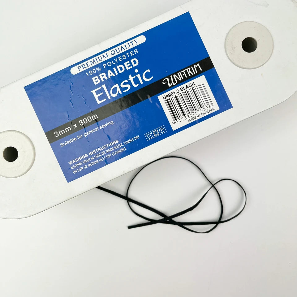 Uni-Trim - Braided Elastic - 3mm Wide - Black - WHOLE ROLL