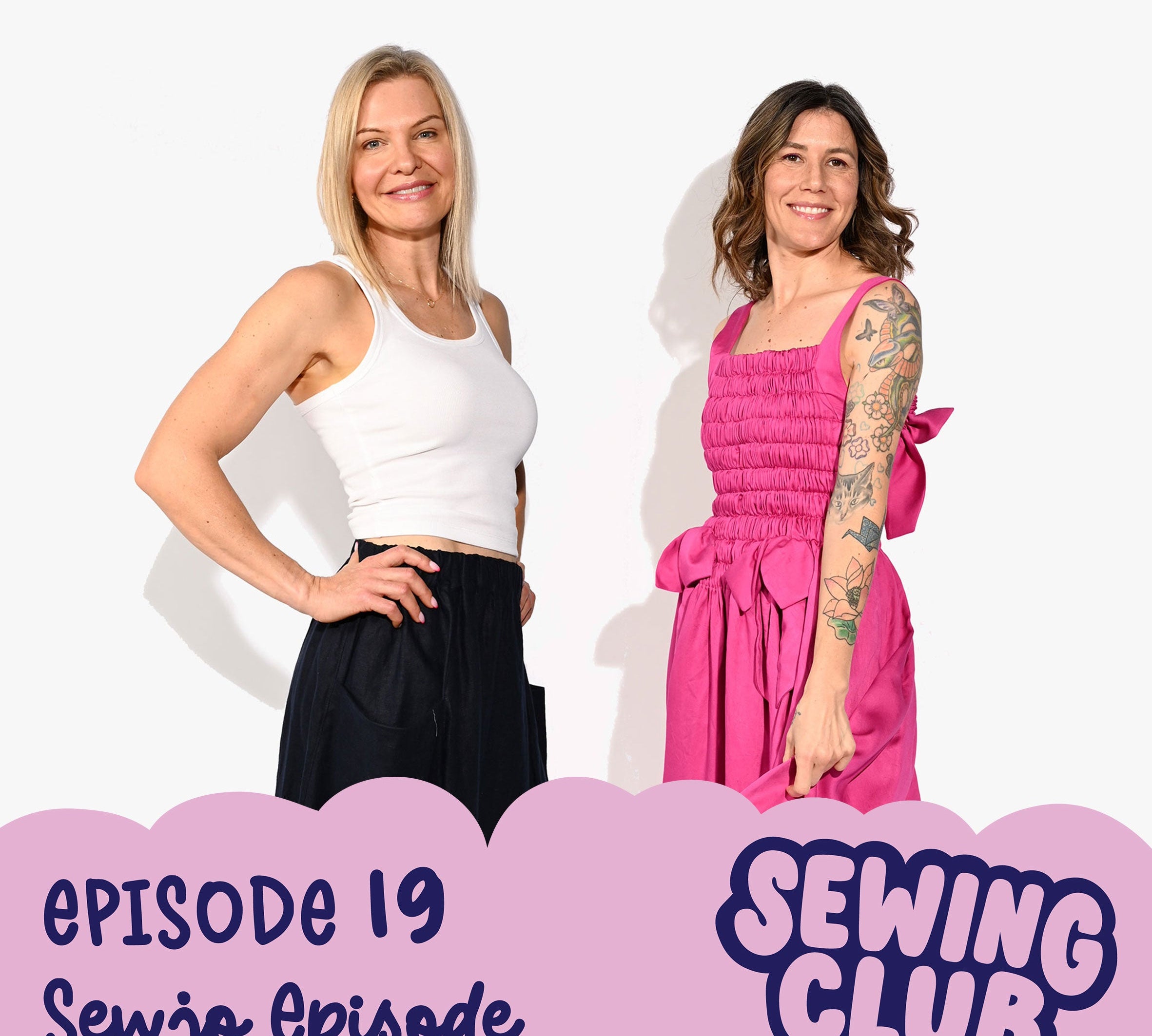 Two women facing the camera wearing hand sewn clothing