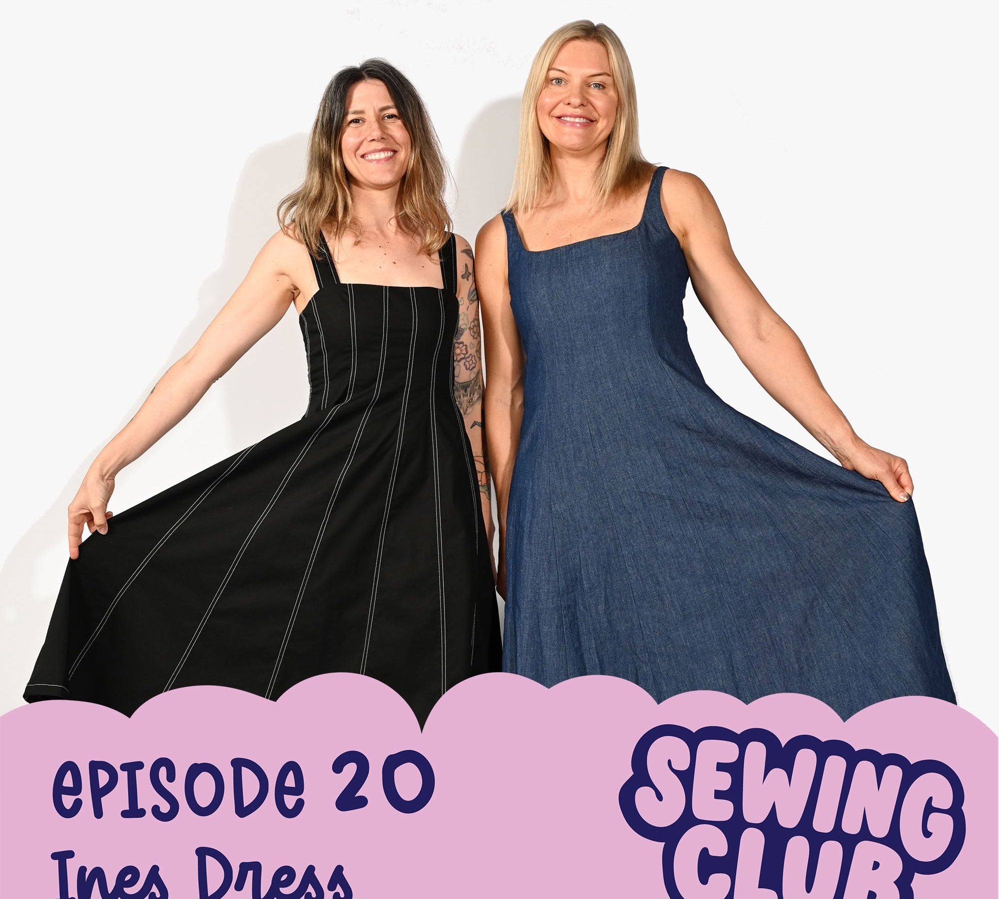 Two women looking at the camera wearing a hand sewn Ines dress By Just Patterns