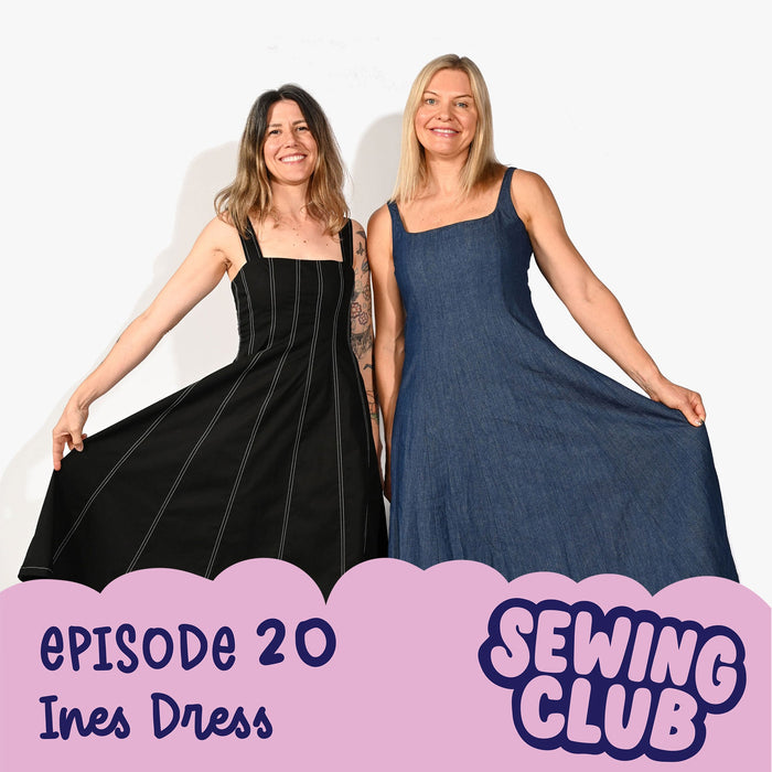 Two women looking at the camera wearing a hand sewn Ines dress By Just Patterns