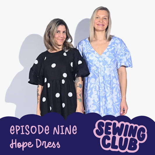 Two women wearing a hand sewn summer dress 