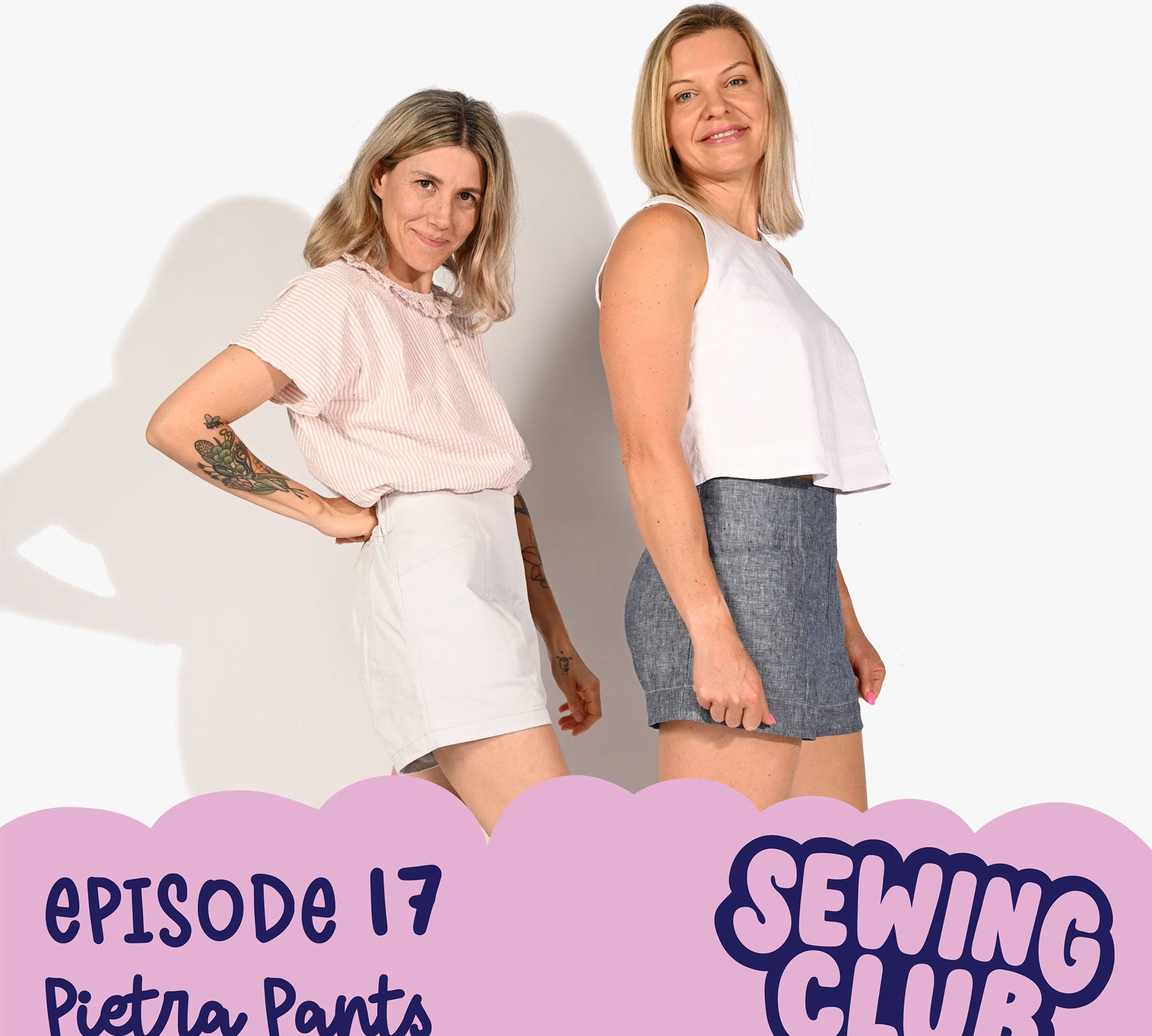Two women looking at the camera with hand sewn Pietra shorts