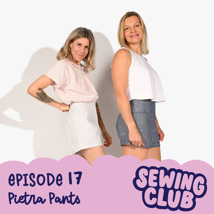 Two women looking at the camera with hand sewn Pietra shorts