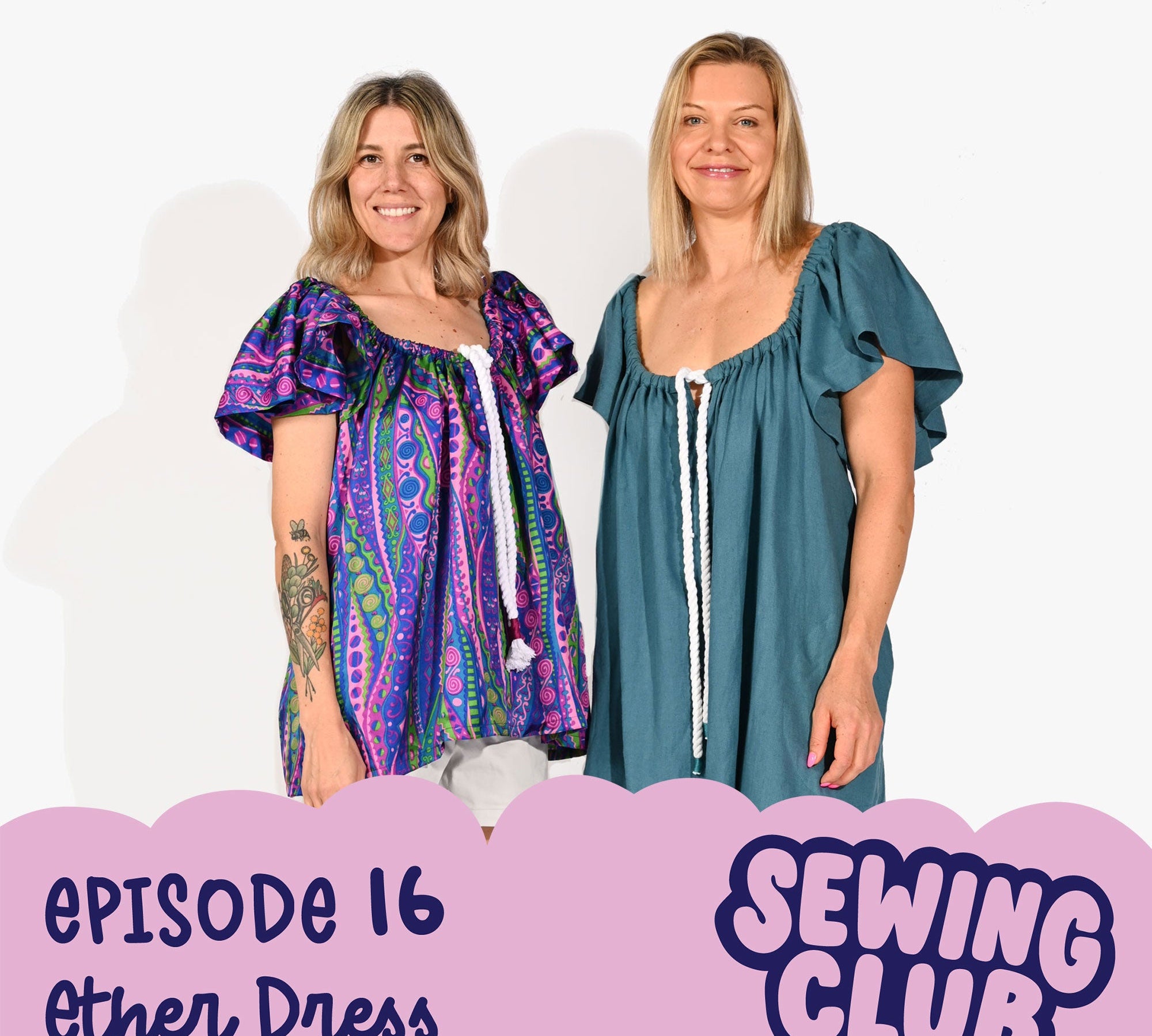 Two women wearing a hand sewn dress