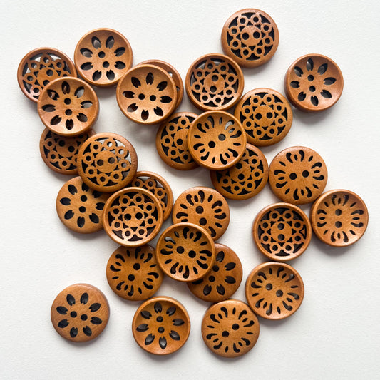 Sewing Gem - 2 Hole, Wooden Hollow Carved Buttons - 18mm