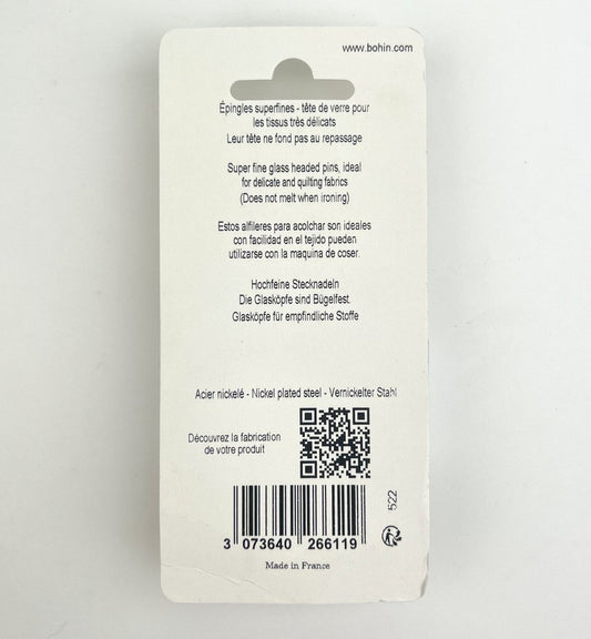 Bohin - Quilter's Super Fine Pins 200pk - White Glass Head