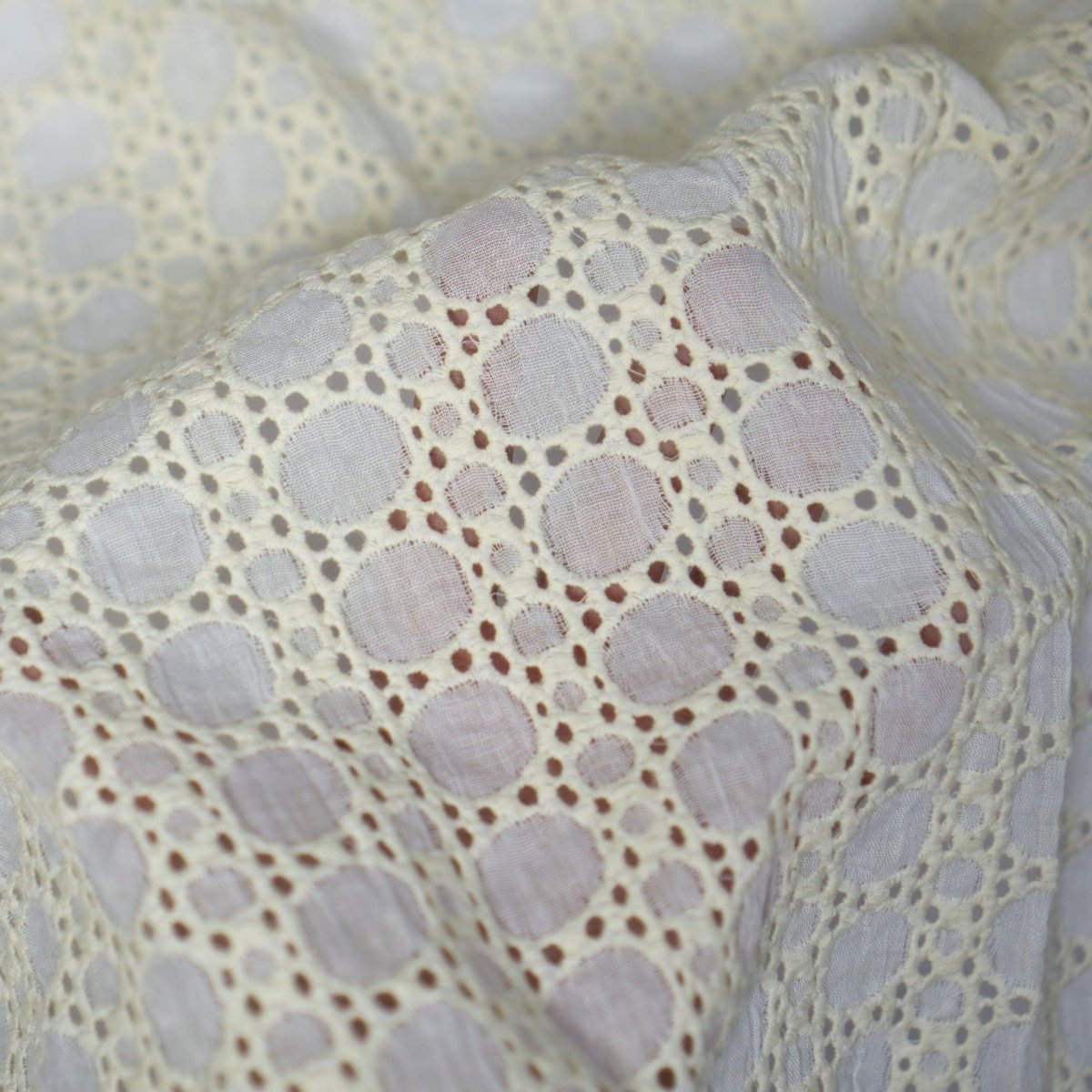 REMNANT - Embroidered Cotton - Cream Circles - 68% Cotton 32% Polyester - 50cm
